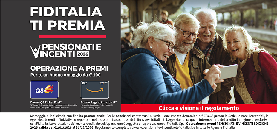Agenzia Meet di Torkan Biagio Fiditalia | Bitonto, Bari | Fiditalia ti premia - Vicni un omaggio da €100. Operazione a premi. Clicca e visiona il regolamento. Operazione a premi PENSIONATI E VINCENTI 2025 valida dal 01/01/2025 al 31/12/2025. Regolamento completo www.pensionatievincenti.retefiditalia.it